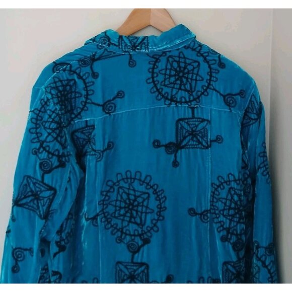 Vtg Chico’s Velvet Embroidered Button Down Silk Jacket Top Size 1 Medium 8 Blue - Picture 7 of 8
